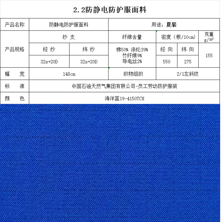 防静电防护服面料海洋蓝19-4150TCX